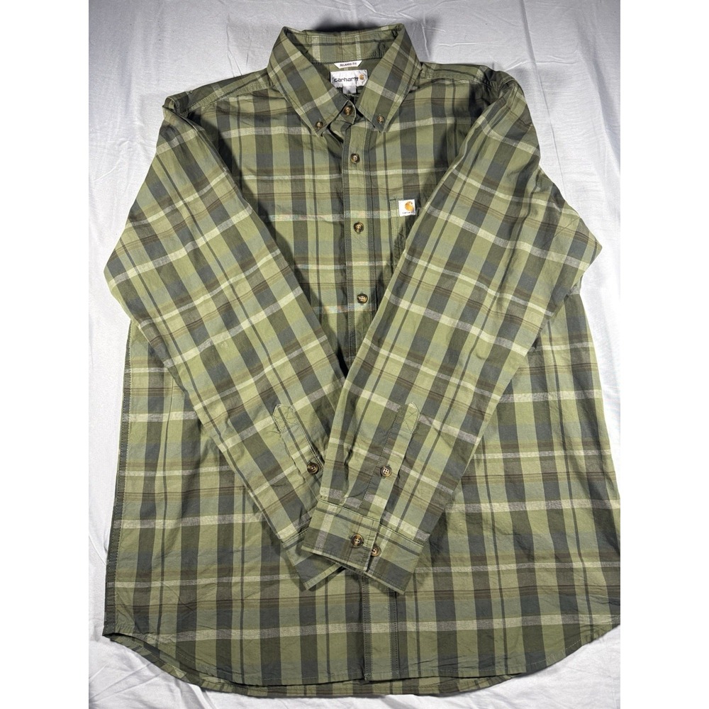 Carhartt Men's Green Plaid Long Sleeve Button Up Shirt Size Large